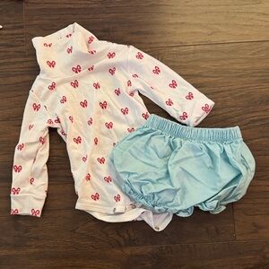 Little English Pink Bow Bodysuit and Aqua Diaper Cover